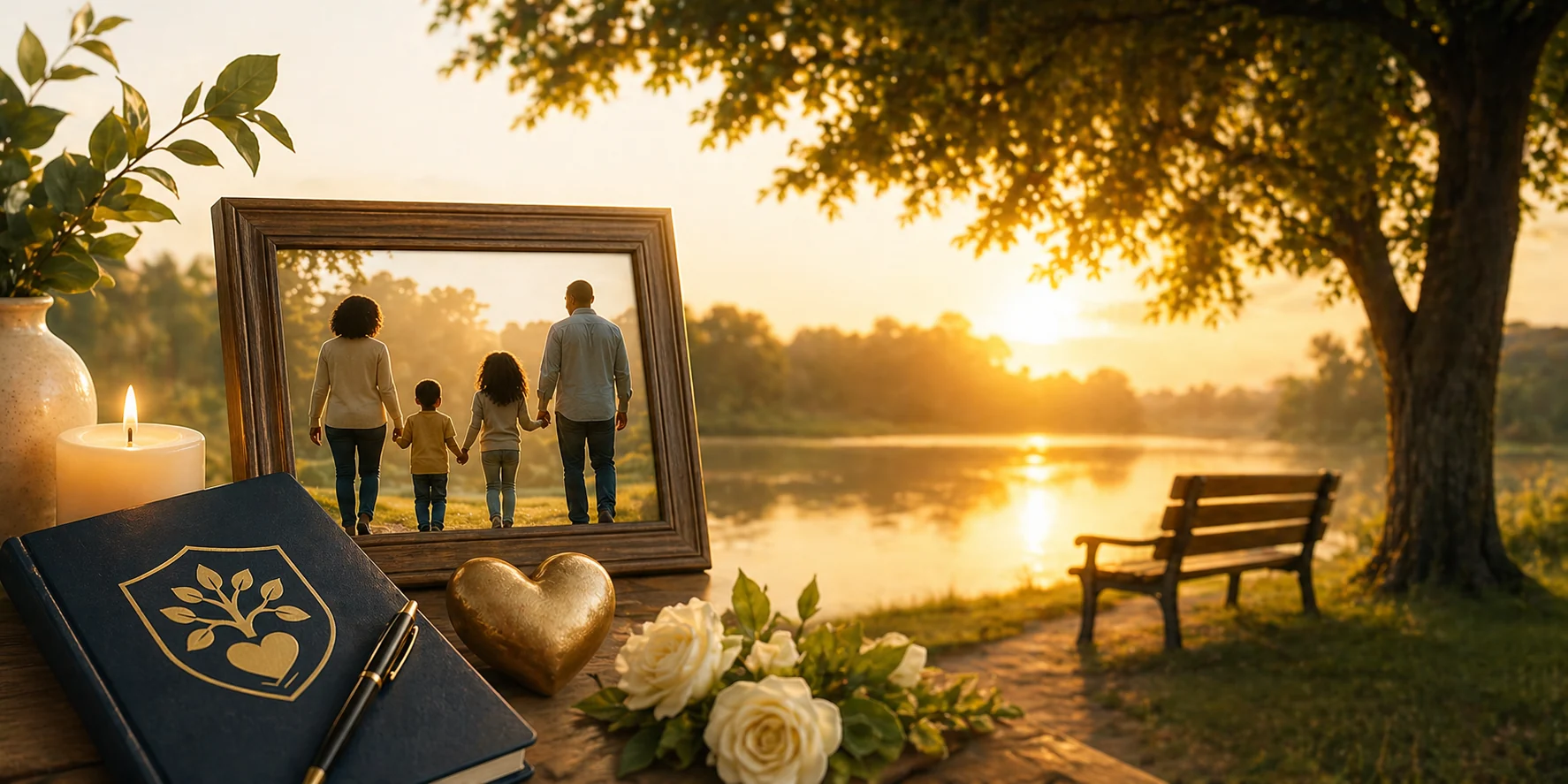 A family keepsake and legacy journal beside a peaceful lake at sunset