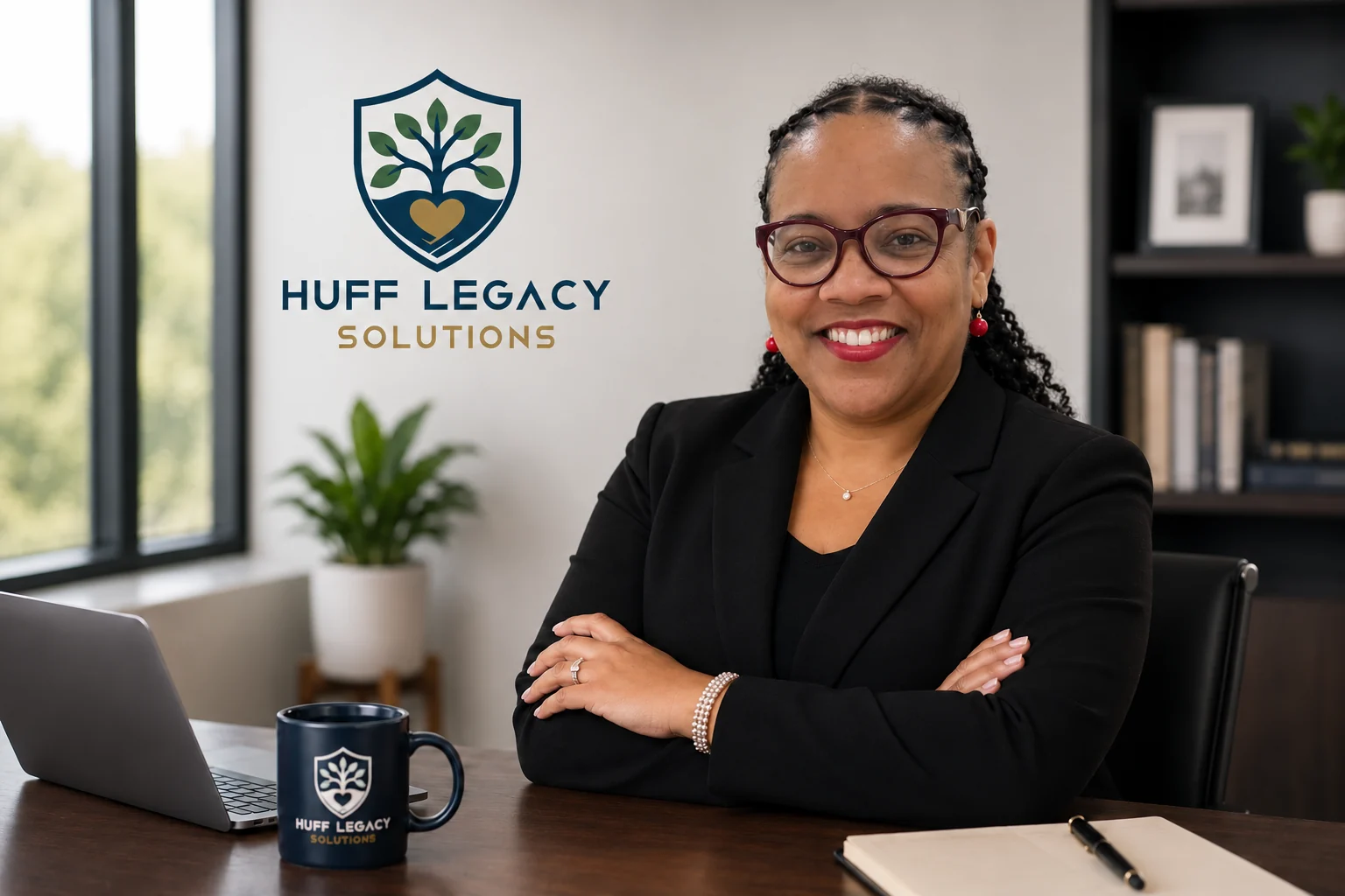 Rachelle Huff at her desk at Huff Legacy Solutions